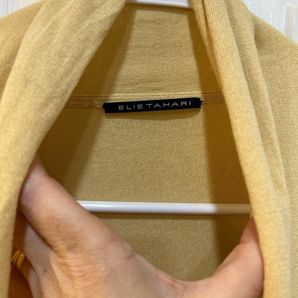 Elie Tahari Silk Cashmere Blend Cardigan Golden Yellow Side Ruffle Preppy Hi Lo - Picture 3 of 8